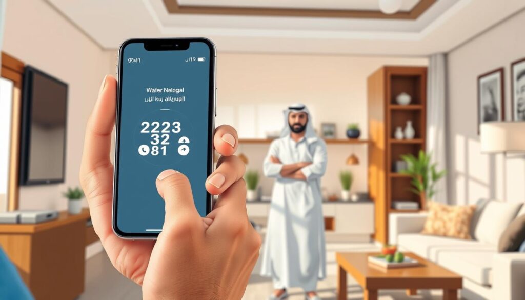 A highly detailed, realistic illustration of a person making a phone call to request a water delivery service in Kuwait. The foreground shows a close-up of a hand holding a smartphone, with the screen displaying a contact number or app interface for a water delivery company. The middle ground depicts the person, dressed in casual Kuwaiti attire, standing in a modern, well-lit interior setting, perhaps a living room or office. The background showcases a typical Kuwaiti residential or commercial environment, with architectural elements, furnishings, and decor that convey a sense of place. The lighting is soft and natural, creating a warm, inviting atmosphere. The overall composition and attention to detail effectively communicate the process of ordering a water delivery service in Kuwait.