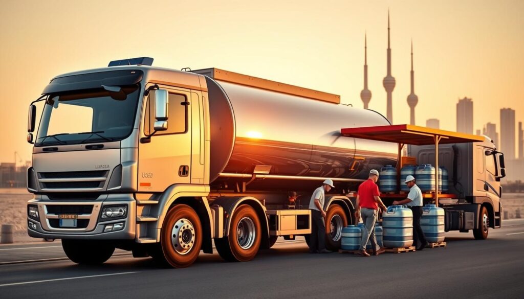 A professional-looking image of a water delivery service in Kuwait. A large, modern water tanker truck prominently displayed in the foreground, its tank glistening in the warm desert sunlight. In the middle ground, a team of workers efficiently loading and unloading water canisters, showcasing the company's efficient operations. The background features the iconic Kuwait Towers and other cityscape elements, providing context and a sense of place. The overall composition conveys a sense of reliability, expertise, and high-quality service in the water delivery industry in Kuwait.