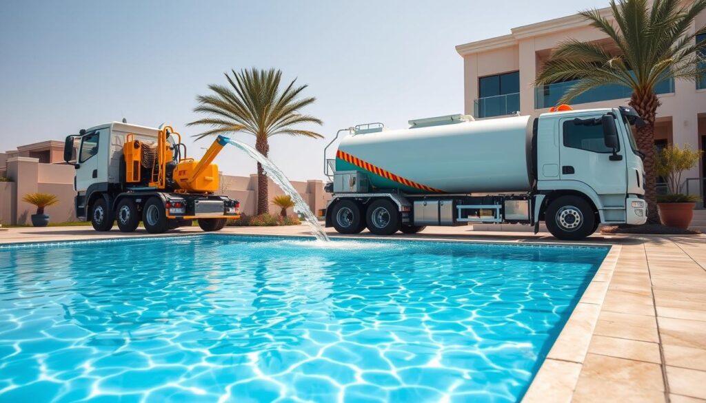 تنكر مياه عذبه الكويت يقوم بتعبئة حوض سباحة فاخر