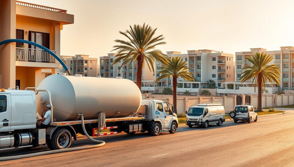 A bustling scene of water delivery trucks in a residential area of Hawally, Kuwait. In the foreground, a large tanker truck is parked, its hose extended to fill the underground water tank of a villa. Nearby, two smaller delivery vans are servicing an apartment building, their drivers expertly maneuvering the hoses up to the rooftop tank. The middle ground features rows of modern, multi-story apartment blocks and villas, their facades bathed in warm, golden sunlight. In the background, palm trees sway gently, setting a peaceful, tropical atmosphere. The entire scene conveys the efficient, reliable water delivery service that caters to the needs of both residential and commercial properties in the Hawally area.