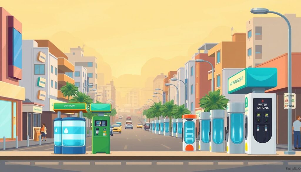 A bustling street in Fahaheel, Kuwait, with a row of water refill stations prominently displayed. The foreground showcases the refill stations in various sizes, shapes, and colors, their signage clearly visible and inviting. The middle ground captures the surrounding buildings, infusing the scene with a sense of urban vibrancy. In the background, a hazy sky with a warm, golden hue adds depth and atmosphere. The overall composition conveys a practical, yet visually appealing, representation of the water refill services available in the Fahaheel neighborhood. A bustling street in Fahaheel, Kuwait, with a row of water refill stations prominently displayed. The foreground showcases the refill stations in various sizes, shapes, and colors, their signage clearly visible and inviting. The middle ground captures the surrounding buildings, infusing the scene with a sense of urban vibrancy. In the background, a hazy sky with a warm, golden hue adds depth and atmosphere. The overall composition conveys a practical, yet visually appealing, representation of the water refill services available in the Fahaheel neighborhood.