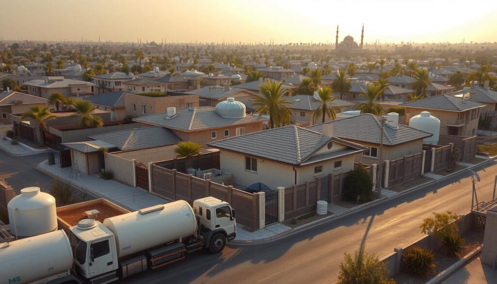 A detailed aerial shot of a residential neighborhood in Mubarak Al-Kabeer, Kuwait, showcasing the intricate network of water distribution pipes and tanks that deliver fresh, potable water to the doorsteps of local homes. The scene is bathed in soft, warm lighting, highlighting the modern infrastructure and well-maintained roads. In the foreground, a water tanker truck is parked, ready to service any households in need of supplementary water supply. The middle ground features a mix of single-story and two-story dwellings, their rooftops adorned with various water storage solutions. In the background, the skyline is dotted with palm trees and the occasional minaret, creating a picturesque, quintessentially Kuwaiti atmosphere.