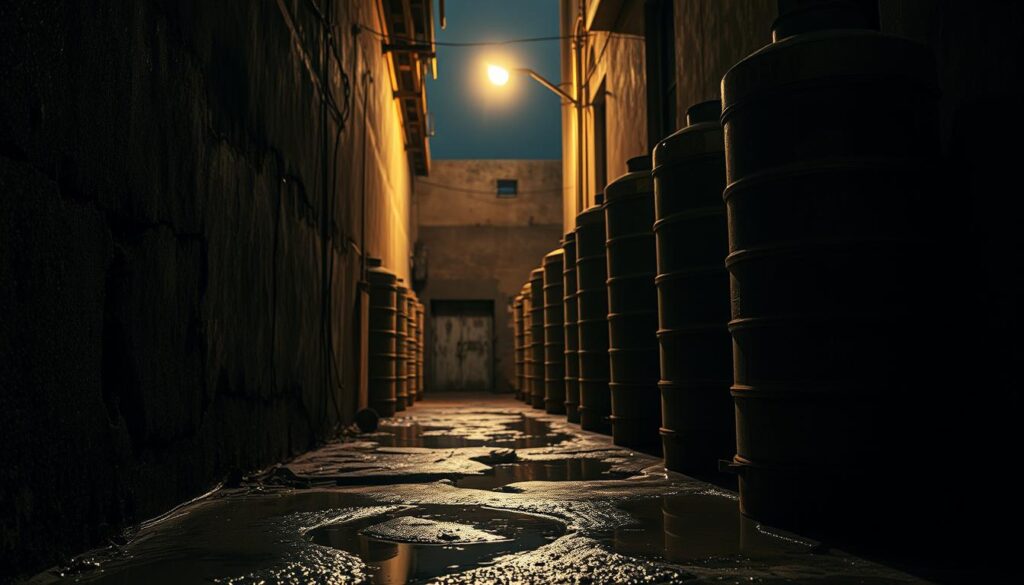 A dimly lit alleyway in the heart of Hawally, Kuwait, with a row of old metal water tanks lining the cracked concrete walls. The tanks are weathered and rusted, their once-vibrant colors faded to a dull, muted palette. A single streetlight casts a warm, amber glow, illuminating the gritty details of the scene. In the foreground, a puddle of water reflects the surrounding environment, adding a sense of depth and atmosphere. The air is thick with the scent of damp earth and the faint sound of dripping water echoes through the narrow passageway, creating a melancholic, nostalgic mood. The composition emphasizes the weathered, utilitarian nature of the water tanks, conveying a sense of the history and necessity of this essential resource in the local community.