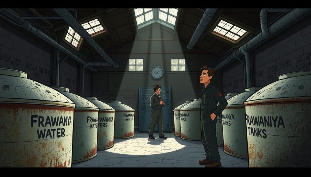 A dimly lit industrial warehouse, with dusty pipes and cracked concrete floors. In the foreground, a series of large water tanks stand, their surfaces marred by rust and mineral deposits. The tanks are labeled with the words "Frawaniya Water Tanks", hinting at the subject matter. Beams of light filter in through grimy windows, casting long shadows and creating a sense of gritty realism. In the middle ground, a technician in a worn jumpsuit examines a control panel, brow furrowed with concern. The atmosphere is one of subtle unease, suggesting the "common problems" referenced in the section title. The overall scene conveys the challenges and complexities involved in the water storage and distribution systems in the Frawaniya region. A dimly lit industrial warehouse, with dusty pipes and cracked concrete floors. In the foreground, a series of large water tanks stand, their surfaces marred by rust and mineral deposits. The tanks are labeled with the words "Frawaniya Water Tanks", hinting at the subject matter. Beams of light filter in through grimy windows, casting long shadows and creating a sense of gritty realism. In the middle ground, a technician in a worn jumpsuit examines a control panel, brow furrowed with concern. The atmosphere is one of subtle unease, suggesting the "common problems" referenced in the section title. The overall scene conveys the challenges and complexities involved in the water storage and distribution systems in the Frawaniya region.