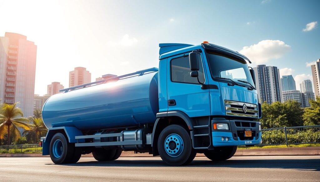 A large water delivery tanker, painted in a bright, eye-catching blue color, is parked on a smooth, paved road. The tanker's imposing size and robust construction suggest its ability to transport substantial amounts of clean, fresh water. In the background, a cityscape of modern high-rise buildings and lush greenery creates a backdrop, conveying the urban setting where this water delivery service operates. Sunlight casts a warm, inviting glow over the scene, highlighting the tanker's gleaming surfaces and the verdant surroundings. The overall impression is one of a reliable, professional water delivery service that provides comprehensive coverage across the entire city.