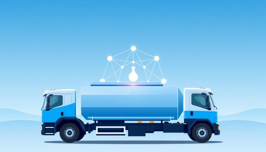 A modern and minimalist illustration depicting the concept of "Speed and Commitment: 24/7 Service and Periodic Scheduling for Continuous Water Delivery". The scene features a stylized water tanker truck in the foreground, its sleek design and bold colors evoking a sense of efficiency and reliability. In the middle ground, a simple geometric pattern representing a water distribution network radiates outward, conveying the idea of a well-organized, interconnected system. The background is a serene, gradient-filled sky, lending an air of professionalism and trustworthiness to the overall composition. The lighting is clean and directional, accentuating the truck's form and highlighting the visual hierarchy. The overall mood is one of confidence, competence, and unwavering commitment to providing exceptional water delivery services.