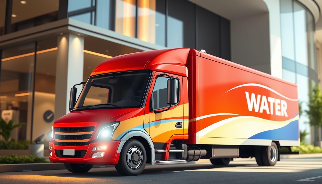 A modern, high-quality water delivery truck prominently featured in the foreground, its sleek design and vibrant color scheme commanding attention. In the background, a tastefully designed office building or showroom, with clean lines and a professional aesthetic, representing the company's expertise and reliability. The lighting is soft and natural, creating a sense of warmth and professionalism. The camera angle is slightly elevated, giving a sense of authority and competence. The overall mood is one of trust, efficiency, and attention to detail, reflecting the importance of choosing the right water delivery company for residential and commercial needs.
