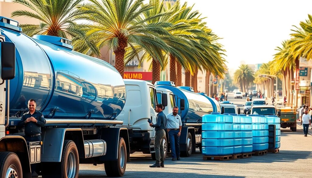 A picturesque scene of water delivery in Hawally, Kuwait. In the foreground, a fleet of modern water trucks stand ready, their gleaming chrome and reflective blue tanks catching the warm sunlight. In the middle ground, uniformed workers diligently fill up reusable water containers, ensuring a steady supply of clean, fresh water. The background reveals the bustling streets of Hawally, with lush palm trees and vibrant storefronts, conveying a sense of a thriving, prosperous community. The overall tone is one of efficiency, reliability, and a commitment to providing competitively priced, pure drinking water solutions to the residents of Hawally.