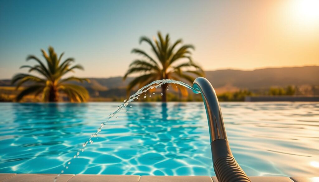 A pristine swimming pool, its crystal-clear waters shimmering under the warm, golden sunlight. The pool's smooth, tiled surface reflects the azure sky above, creating a serene and tranquil atmosphere. In the foreground, a slender, stainless steel hose gracefully delivers a steady stream of pure, filtered water, filling the pool with refreshing, safe-to-use liquid. The middle ground features lush, verdant palm trees swaying gently in a light breeze, adding to the tropical ambiance. The background showcases a picturesque, sun-drenched landscape, with rolling hills and a distant horizon. The overall scene conveys a sense of tranquility, cleanliness, and the perfect conditions for a refreshing, worry-free swim.