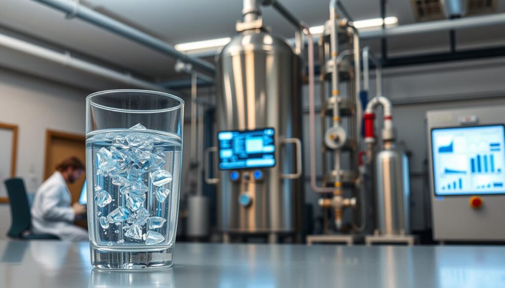 A pristine, well-lit room with modern water treatment equipment and laboratory glassware. In the foreground, a clear glass filled with sparkling, crystal-clear water, illuminated by soft, diffuse lighting. Behind it, a team of scientists in white lab coats carefully analyzing water samples under the glow of computer monitors displaying detailed chemical analyses. In the background, a towering column of a state-of-the-art water purification system, its sleek metallic pipes and valves gleaming. The overall scene conveys a sense of scientific rigor, technological sophistication, and a unwavering commitment to ensuring the highest quality of the water supply.
