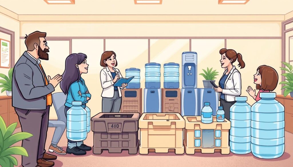 A serene office setting with a group of customers enthusiastically discussing their experiences with a water delivery service. In the foreground, a team of customer service representatives attentively listening and taking notes. The middle ground showcases a variety of water coolers and delivery crates, hinting at the efficient logistics behind the service. The background features a warm, natural lighting that creates a welcoming atmosphere, reflecting the positive sentiments expressed by the customers. The overall composition conveys a sense of trust, reliability, and dedication to customer satisfaction in the water delivery industry. A serene office setting with a group of customers enthusiastically discussing their experiences with a water delivery service. In the foreground, a team of customer service representatives attentively listening and taking notes. The middle ground showcases a variety of water coolers and delivery crates, hinting at the efficient logistics behind the service. The background features a warm, natural lighting that creates a welcoming atmosphere, reflecting the positive sentiments expressed by the customers. The overall composition conveys a sense of trust, reliability, and dedication to customer satisfaction in the water delivery industry.