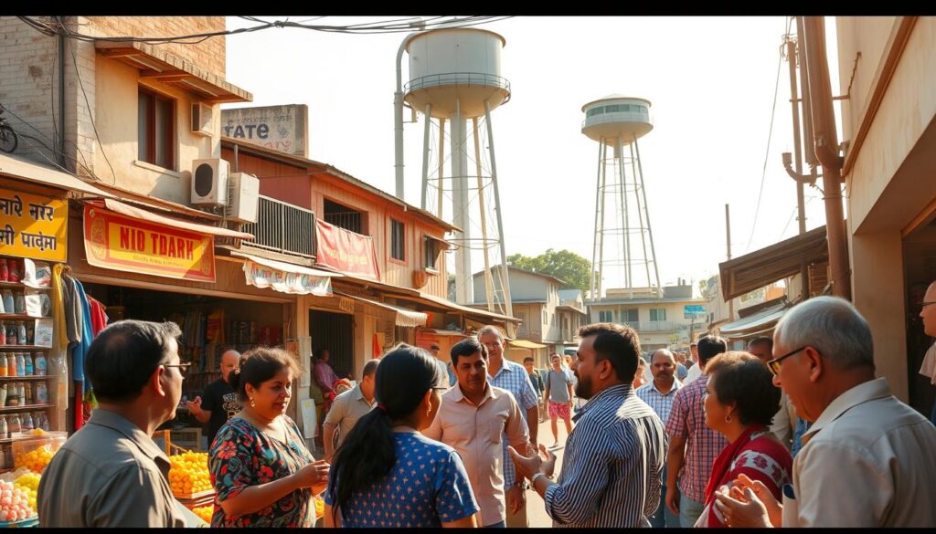 A sunny day in a bustling market, with vendors selling an array of wares. In the foreground, a group of people are engaged in a lively discussion, gesticulating animatedly as they negotiate a purchase. The middle ground features a mix of traditional and modern architecture, with shopkeepers standing at the entrance of their stores, welcoming potential customers. In the background, a towering water tower stands tall, a symbol of the community's water supply. The scene is bathed in warm, golden light, creating a sense of vibrancy and activity. The overall atmosphere conveys the process of ordering and communicating, as the people navigate the market's hustle and bustle.