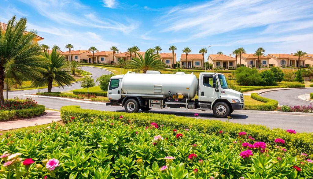 A tranquil outdoor scene in the suburbs of Hawally, Kuwait. In the foreground, a well-maintained garden with lush greenery and vibrant flowers. In the middle ground, a pristine white water delivery truck parked on a winding paved road, its polished surface reflecting the warm sunlight. In the background, rows of neatly arranged residential homes with terracotta roofs, set against a clear blue sky with wispy clouds. The atmosphere is one of cleanliness, efficiency, and reliable water service, perfectly encapsulating the high-quality water delivery offered by the local provider.