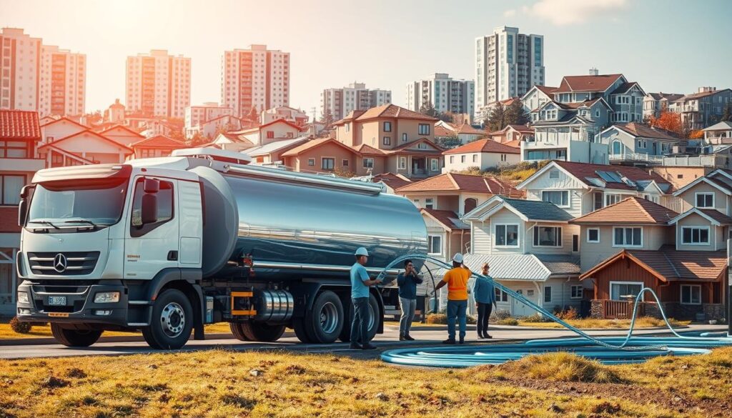 A vibrant scene of water distribution services, showcasing a variety of applications in residential and commercial settings. In the foreground, a large water tanker truck is prominently displayed, its sleek design and pristine finish reflecting the advanced technology used in modern water delivery systems. In the middle ground, a team of workers expertly connect flexible hoses to distribute the precious liquid into nearby homes and buildings, capturing the efficiency and precision of the process. The background is filled with a diverse array of architectural structures, from modern high-rises to quaint residential dwellings, all benefiting from the reliable and accessible supply of freshwater facilitated by the comprehensive distribution network. The scene is illuminated by warm, natural sunlight, creating a sense of harmony and progress, underscoring the vital importance of this essential service to the community.