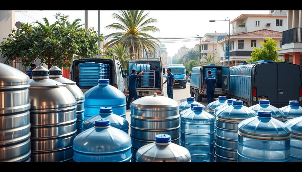 An airy, well-lit image showcasing a diverse range of water delivery and refilling services in Hawally. The foreground features sturdy, modern water tanks in various sizes, their clean metallic surfaces gleaming under natural light. In the middle ground, uniformed delivery workers carefully load and unload water containers onto their vehicles, ensuring efficient and reliable service. The background depicts the bustling streets of Hawally, with lush greenery and architectural details hinting at the residential and commercial nature of the area. The overall mood is one of professionalism, attention to detail, and a commitment to providing high-quality water delivery solutions to the local community.