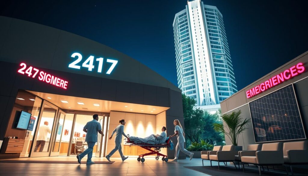 A brightly lit 24/7 emergency medical center, with a sleek, modern facade and a sense of urgency. The entrance is illuminated by warm, inviting lighting, drawing the viewer's attention. In the foreground, a team of medical professionals in crisp, white uniforms rush to assist a patient being wheeled in on a gurney. The middle ground showcases a well-equipped waiting area, with comfortable seating and a touch of greenery to create a calming atmosphere. The background features a towering, angular building with a distinctive architectural style, conveying a sense of authority and professionalism. The overall scene exudes a sense of reliability, efficiency, and the unwavering commitment to providing 24/7 emergency care.