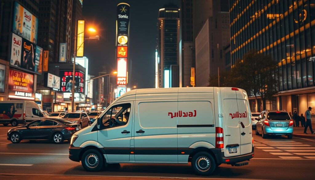 A bustling city scene at night, illuminated by the warm glow of streetlights and neon signs. In the foreground, a sleek, modern delivery van emblazoned with the words "التوصيل السريع" pulls up to the curb, its driver quickly unloading packages for a nearby building. Towering skyscrapers and bustling traffic create a dynamic, urban backdrop, while the soft, diffused lighting casts a cozy, inviting atmosphere. The composition emphasizes the speed and efficiency of the delivery service, with a focus on the van and its driver's actions. The overall mood conveys a sense of urban vitality and the convenience of round-the-clock delivery.