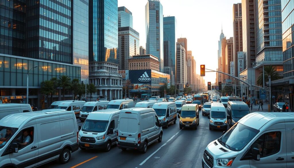 A bustling city scene, with towering skyscrapers and a vibrant, dynamic energy. In the foreground, a fleet of delivery vans, their drivers navigating the busy streets with precision and speed. Packages are being swiftly loaded and unloaded, as a sense of urgency and efficiency permeates the atmosphere. The middle ground features a busy intersection, where pedestrians and vehicles flow seamlessly, guided by well-timed traffic signals. In the background, the cityscape is bathed in warm, golden light, conveying a sense of progress and prosperity. The overall mood is one of productivity, reliability, and unwavering commitment to timely service.