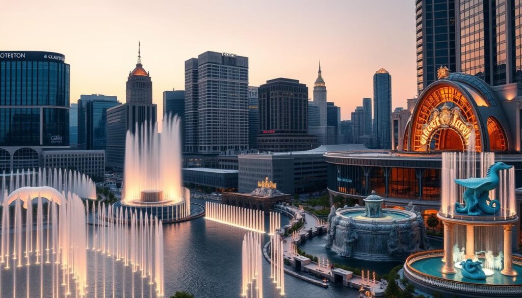 A bustling city skyline at dusk, with corporate buildings and event venues prominently displayed. The buildings are adorned with elaborate water-themed decorations, including fountains, cascading waterfalls, and aquatic sculptures. The scene conveys a sense of opulence and extravagance, with the water features serving as a prominent part of the corporate and celebratory atmosphere. The lighting is warm and inviting, casting a golden glow over the scene. The image captures the intersection of commercialism, water usage, and the ostentatious nature of modern event solutions.