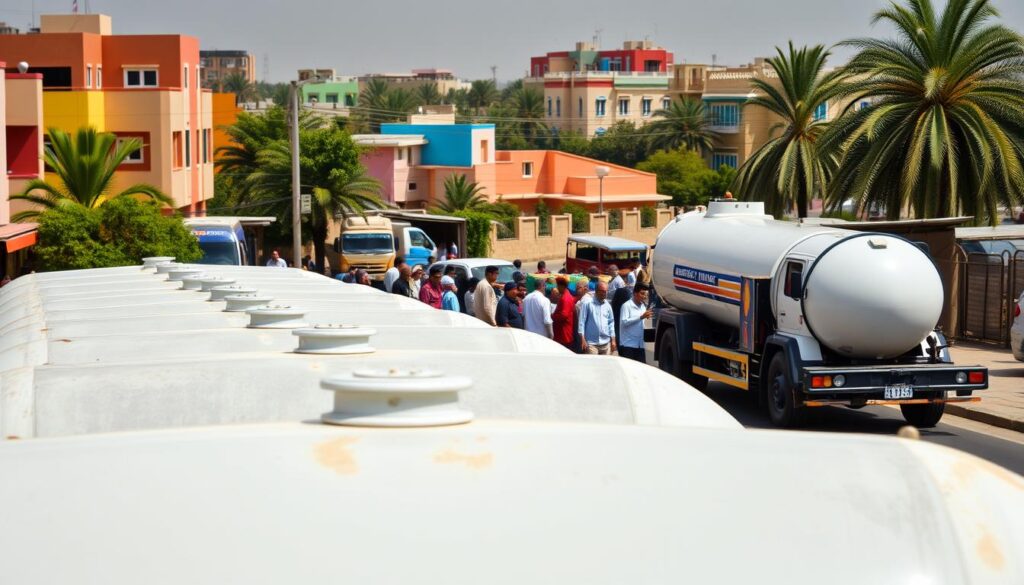 A bustling city street in Sabah Al-Nasser, Kuwait, on a sunny day. In the foreground, a fleet of water tanker trucks are lined up, their tanks filled with fresh, clean water. In the middle ground, residents can be seen queuing to fill their containers, highlighting the essential service these tankers provide. The background reveals the vibrant architecture of the neighborhood, with colorful buildings and lush greenery, creating a sense of community. The scene is bathed in warm, golden light, conveying a sense of reliability and comfort in the reliable water delivery service. The composition is balanced, with the tankers taking up the majority of the frame, emphasizing their central role in the daily lives of the residents.