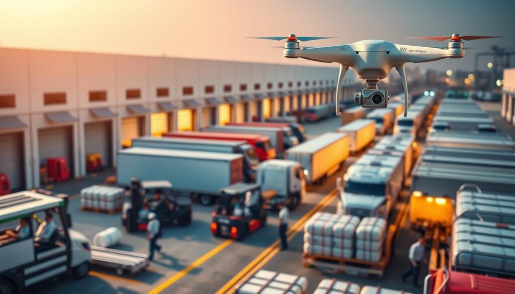 A bustling logistics and field operations hub, with a fleet of vehicles strategically positioned. Sleek, modern warehouses in the background, illuminated by warm lighting. Uniformed personnel efficiently loading and unloading cargo, utilizing forklifts and conveyor belts. The scene exudes an air of professionalism and precision, capturing the essence of a well-oiled logistical operation. Overhead, a drone captures the seamless workflow, providing a bird's-eye view of the meticulously organized operations. The overall atmosphere conveys a sense of reliability, speed, and attention to detail, reflecting the core values of the "Farwaniya Water Logistics" service.