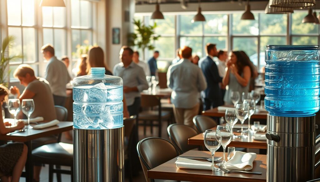 A bustling scene of a restaurant and cafe interior, with servers diligently delivering fresh, chilled water to thirsty patrons. Sunlight filters through large windows, casting a warm, inviting glow across the space. Gleaming metal water dispensers stand ready, their sleek designs complementing the modern, yet cozy decor. Elegant glassware and crisp linen napkins adorn the neatly set tables, reflecting the establishment's commitment to high-quality service. The atmosphere exudes a sense of refreshment and hospitality, perfectly capturing the essential role that reliable water delivery plays in the thriving commercial landscape.