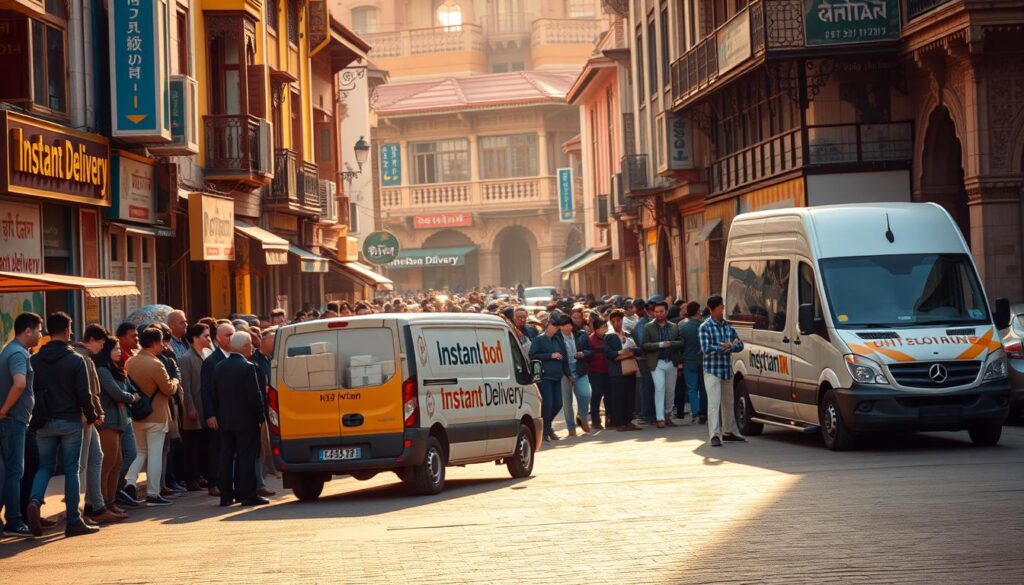A bustling street in Khaytan, with a delivery van in the foreground prominently displaying the "Instant Delivery" branding. The vehicle is surrounded by a crowd of people eagerly awaiting their packages, creating a sense of urgency and efficiency. The middle ground features a mix of storefronts and pedestrians, highlighting the vibrant commercial activity in the area. The background showcases the unique architectural style of Khaytan, with colorful buildings and intricate details that evoke the local culture. Warm, golden lighting bathes the scene, creating a welcoming and inviting atmosphere. The overall composition conveys the reliability and speed of the "Instant Delivery" service in the heart of Khaytan. A bustling street in Khaytan, with a delivery van in the foreground prominently displaying the "Instant Delivery" branding. The vehicle is surrounded by a crowd of people eagerly awaiting their packages, creating a sense of urgency and efficiency. The middle ground features a mix of storefronts and pedestrians, highlighting the vibrant commercial activity in the area. The background showcases the unique architectural style of Khaytan, with colorful buildings and intricate details that evoke the local culture. Warm, golden lighting bathes the scene, creating a welcoming and inviting atmosphere. The overall composition conveys the reliability and speed of the "Instant Delivery" service in the heart of Khaytan.