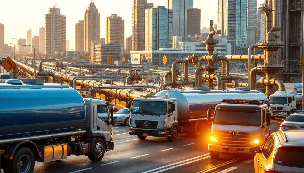 A bustling urban scene depicting the efficient water delivery process in the capital city. In the foreground, a fleet of modern water tanker trucks navigate the busy streets, their powerful engines roaring as they expertly maneuver through traffic. The middle ground showcases a sprawling network of pipes and valves, the intricate infrastructure responsible for channeling the water supply. In the background, towering skyscrapers and government buildings stand as a testament to the city's progress and development. The lighting is warm and golden, creating a sense of energy and vitality. The camera angle is slightly elevated, providing a comprehensive overview of the dynamic water delivery operations. An atmosphere of efficiency, reliability, and technological advancement permeates the scene.