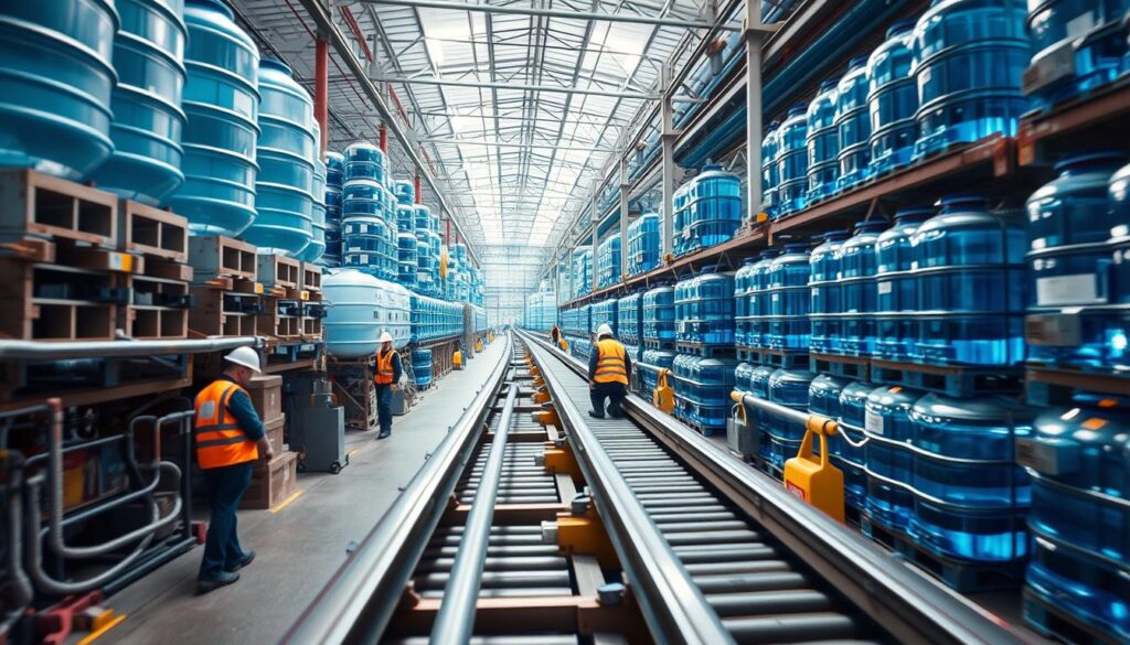 A bustling warehouse scene with stacks of water tanks and pipes, conveyor belts efficiently moving them, and workers in protective gear coordinating the rapid delivery. The lighting is bright and crisp, capturing the hustle and urgency of the operation. The perspective is angled to showcase the scale and efficiency of the logistics, with a clean, modern aesthetic. The atmosphere conveys a sense of precision, innovation, and unwavering commitment to reliable water distribution, perfectly encapsulating the "speed of delivery" theme.