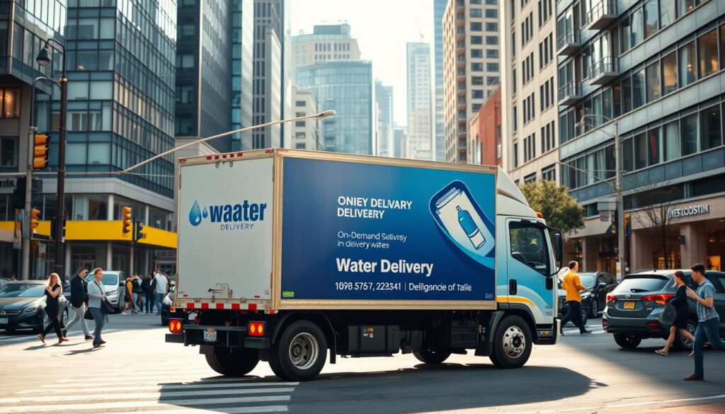 A busy city street intersection, with a prominent water delivery truck prominently in the foreground. The truck's side features a detailed advertisement highlighting the on-demand water delivery service, with clear contact information displayed. In the middle ground, pedestrians and vehicles navigate the busy scene, conveying a sense of urban activity. The background showcases a mix of modern and traditional architecture, reflecting the diverse setting. The lighting is natural, with a warm, golden hue that enhances the overall atmosphere. The composition emphasizes the central water delivery truck, making it the focal point of the image and visually communicating the "on-demand water delivery" concept.