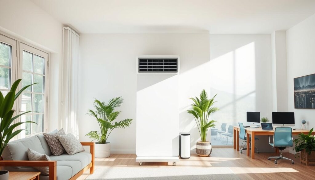 A cozy home interior with an evaporative cooling system, depicting its practical domestic and commercial applications. Soft natural lighting filters through large windows, illuminating a minimalist living room with wooden furnishings and lush potted plants. In the background, a sleek office space features a central air cooler unit, surrounded by desks and monitors. The cool, refreshing atmosphere is palpable, conveying a sense of comfort and efficiency suitable for both residential and business settings. A cozy home interior with an evaporative cooling system, depicting its practical domestic and commercial applications. Soft natural lighting filters through large windows, illuminating a minimalist living room with wooden furnishings and lush potted plants. In the background, a sleek office space features a central air cooler unit, surrounded by desks and monitors. The cool, refreshing atmosphere is palpable, conveying a sense of comfort and efficiency suitable for both residential and business settings.