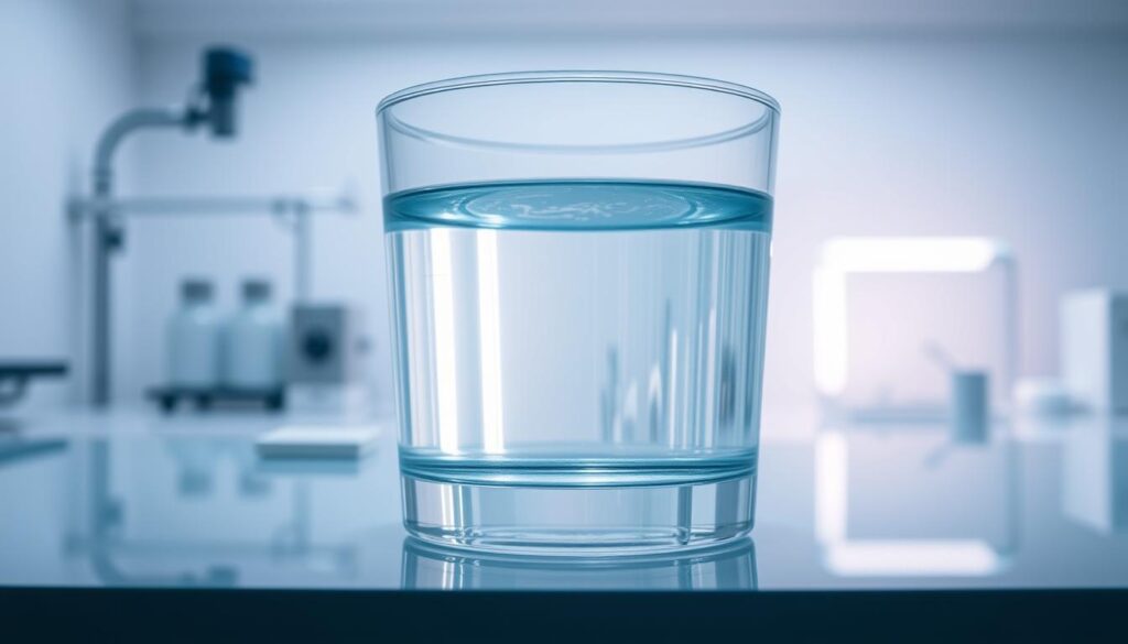 A crystal-clear glass container filled with pristine, translucent water, bathed in soft, diffused lighting. The water's surface reflects a serene, tranquil atmosphere, hinting at its purity and safety for consumption. In the background, a clean, minimalist laboratory setting with scientific equipment conveys the importance of rigorous water quality testing and assurance. The overall scene radiates a sense of trust, reliability, and the vital role of clean, sanitized water in maintaining public health and wellbeing.