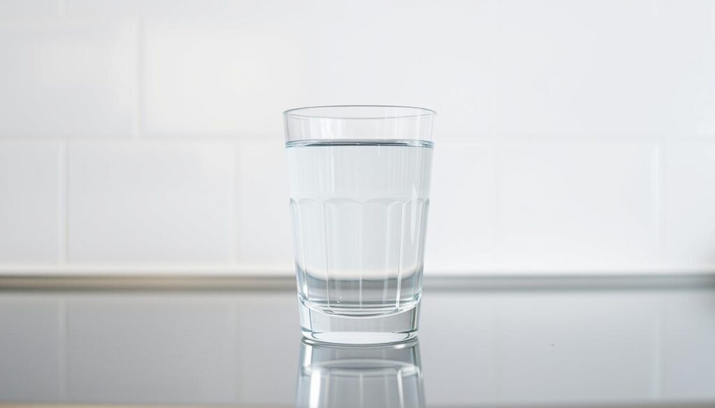 A crystal-clear glass of water resting on a gleaming stainless steel surface, reflecting the soft, indirect lighting that gently illuminates the scene. The water appears pristine, with a slight shimmer on the surface, conveying a sense of purity and cleanliness. In the background, a minimalist, white-tiled wall creates a clean, professional backdrop, evoking a sense of a well-maintained, hygienic environment. The composition is balanced, with the water glass positioned slightly off-center, drawing the viewer's eye to the focal point. The overall mood is one of order, attention to detail, and a commitment to providing high-quality, reliable water services.
