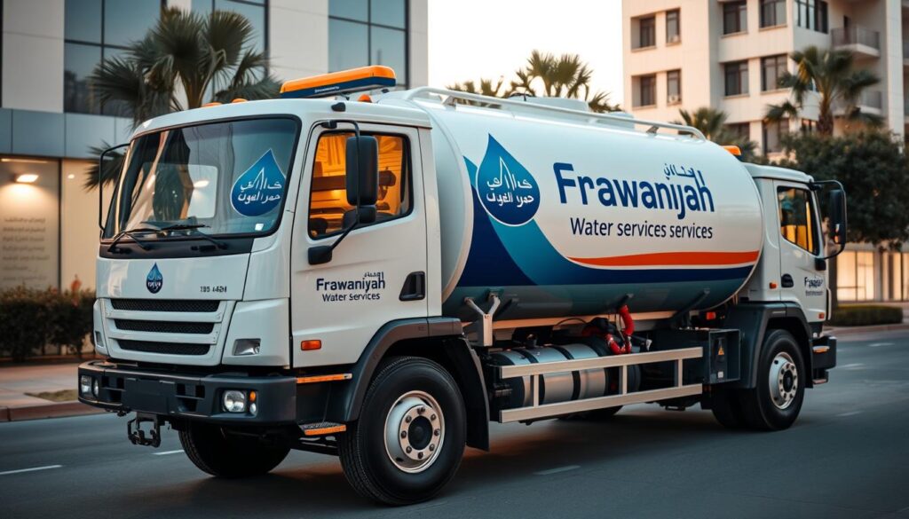 A detailed, high-resolution image of a water tanker truck owned by Frawaniyah Water Services, capturing the company's logo and branding prominently displayed on the side of the vehicle. The truck is parked in a well-lit, urban setting, with a clean and modern aesthetic. The image should convey a sense of reliability, efficiency, and the company's commitment to providing quality water services. The lighting should be warm and natural, casting subtle shadows that add depth and dimension to the scene. The overall composition should be balanced and visually appealing, showcasing the water tanker as the central focus.