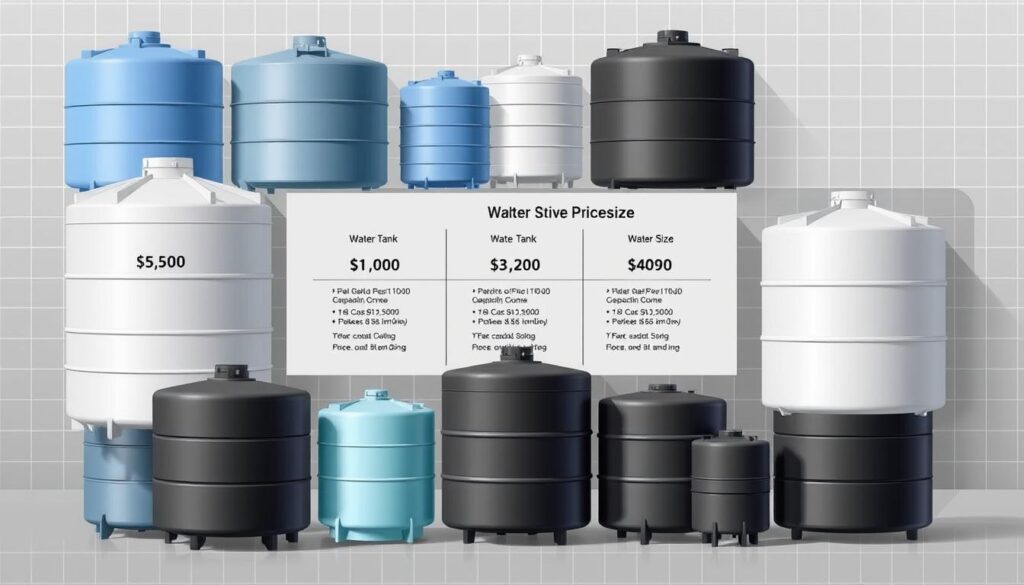 A detailed schematic illustration showcasing various water tank sizes and their corresponding competitive prices. The foreground prominently displays a selection of water tanks in different shapes and capacities, meticulously rendered with attention to material textures and reflective surfaces. The middle ground features a clean, minimalist layout with neatly arranged pricing information and technical specifications for each tank size. The background subtly blends a gridded pattern, suggesting a sense of organization and precision. The overall composition conveys a professional, informative tone, suitable for an informative article about water tank options and pricing.