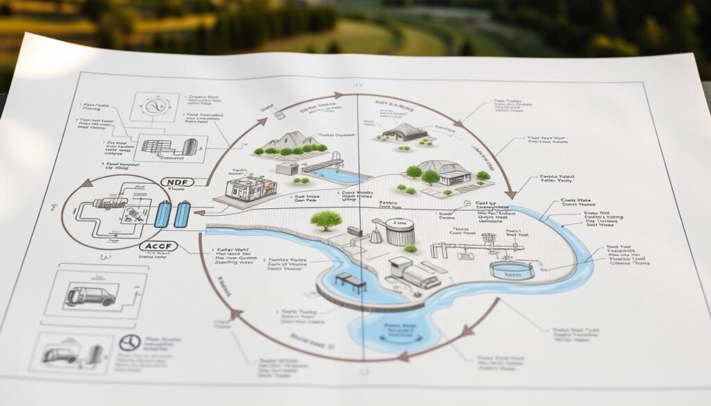A detailed, technical plan depicting a cyclical water conservation strategy. The foreground features an intricate diagram showcasing the various stages of water management, including collection, storage, and distribution. The middle ground showcases a fluid network of pipes, valves, and reservoirs, all working in harmony to ensure efficient water supply. The background presents a serene, natural landscape, hinting at the sustainable integration of this system within the environment. Soft, warm lighting illuminates the scene, conveying a sense of thoughtful, methodical planning. The overall composition strikes a balance between the man-made infrastructure and the natural world, reflecting a comprehensive approach to water resource optimization.