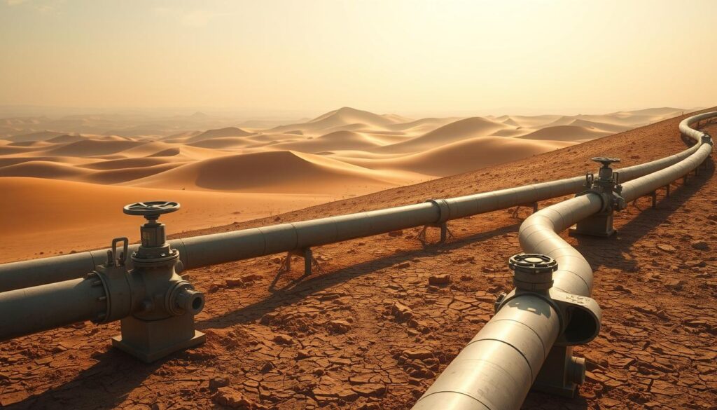A detailed, winding desert landscape with a modern water distribution system in the foreground. Sturdy concrete pipes and valves sit atop a dry, cracked earth, conveying the precious resource of freshwater across the arid terrain. In the middle ground, rolling sand dunes stretch towards the horizon, their undulating forms bathed in warm, golden sunlight. The background is a hazy, cloudless sky, reflecting the harsh, sun-baked environment. The scene conveys the engineering triumph of transporting water through this harsh, unforgiving landscape, highlighting the technical expertise and innovative infrastructure that enables the reliable delivery of this vital resource.