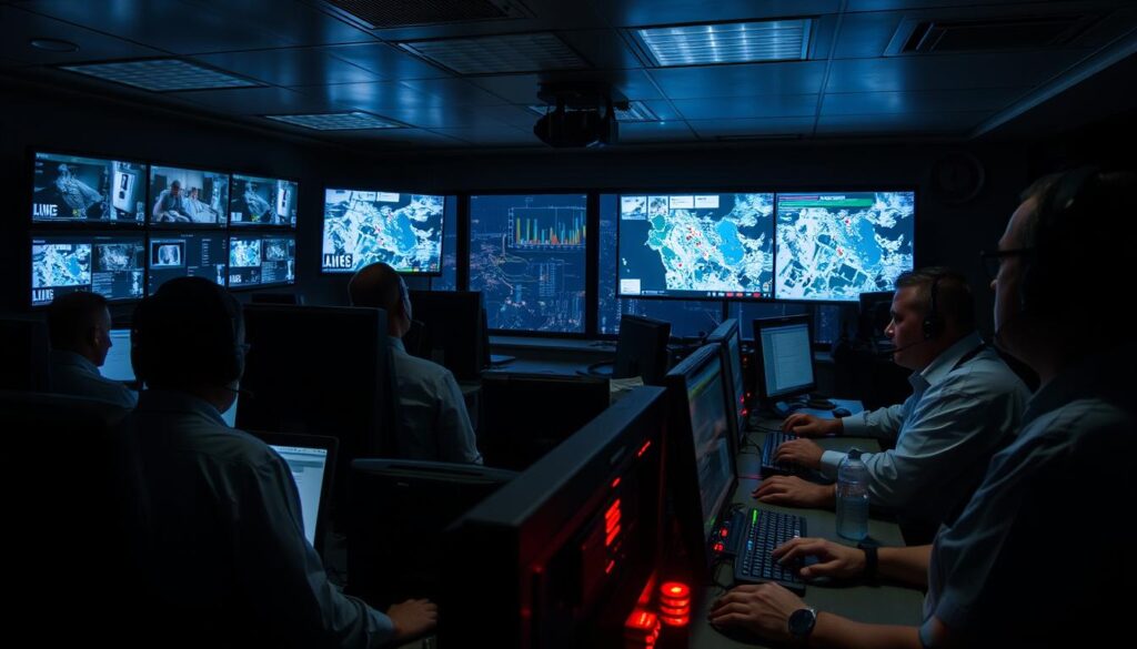 A dimly lit emergency response center, with technicians diligently monitoring multiple screens displaying real-time data and surveillance footage. In the foreground, a team of operators in headsets coordinate rapid deployment of emergency vehicles and personnel, their expressions focused and determined. The middle ground showcases state-of-the-art communications equipment, blinking lights, and a large, centralized display mapping the region. In the background, the faint glow of the city skyline is visible through the windows, a reminder of the urban landscape under the watchful eye of this round-the-clock operation. The scene conveys a sense of urgency, efficiency, and the unwavering commitment to providing reliable and swift emergency services.