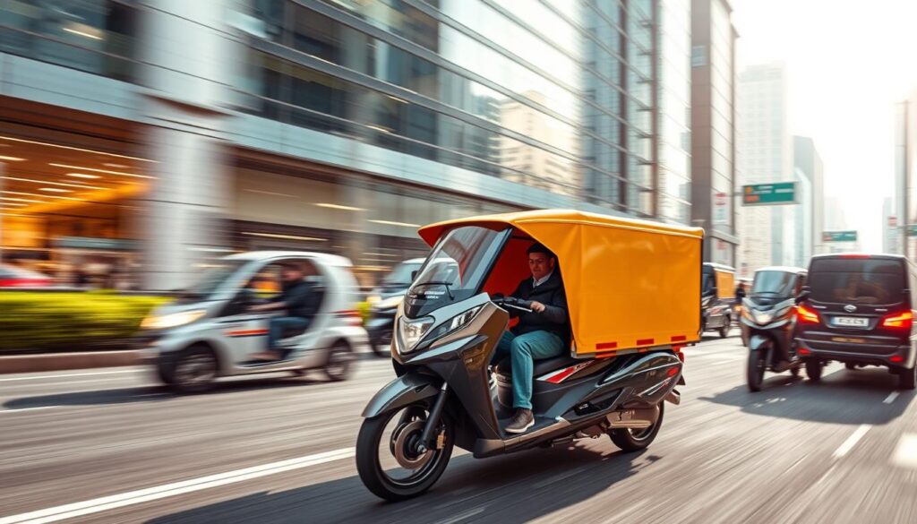 A dynamic, fluid image of a speedy delivery service. Depict a fleet of sleek, modern delivery vehicles navigating through a bustling urban landscape, with a focus on their rapid movement and efficient maneuverability. Incorporate a sense of urgency and responsiveness, conveyed through motion blur, sharp angles, and vibrant colors. Emphasize the reliability and dependability of the service, with a polished, professional aesthetic. Ensure the overall composition and lighting create a visually striking and impactful scene that captures the essence of "سرعة التوصيل".