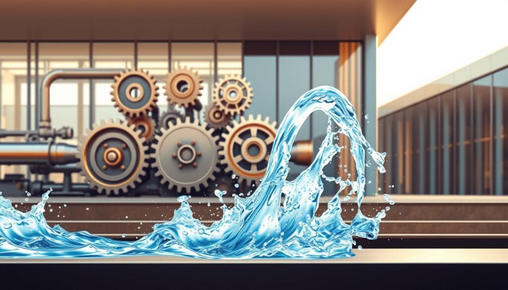 A dynamic illustration of speed and efficiency. In the foreground, a gushing stream of water surges forth, representing the rapid response of the water system. The middle ground features a series of intricate gears and cogs, symbolizing the complex machinery that powers the water distribution network. In the background, a sleek, modern architecture backdrop suggests the advanced technology and infrastructure enabling this efficient water delivery. Warm, natural lighting illuminates the scene, creating a sense of seamlessness and harmony. The overall composition conveys a balanced interplay of speed, precision, and technological sophistication.