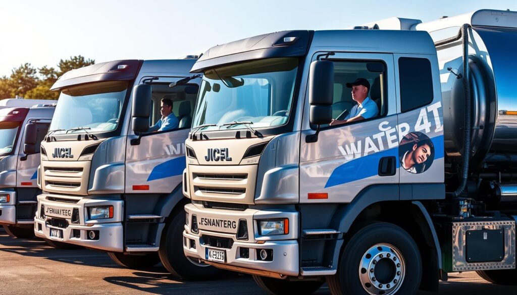 A fleet of modern water tanker trucks, gleaming in the sunlight, stands ready to serve the community. The trucks, meticulously maintained, feature sleek, aerodynamic designs and durable, rust-resistant bodies. Their large capacity tanks are equipped with advanced pumping systems, ensuring efficient and reliable water delivery. The drivers, dressed in crisp uniforms, are skilled professionals, committed to providing exceptional service. The entire scene conveys a sense of reliability, technological sophistication, and a dedication to meeting the water needs of the community.
