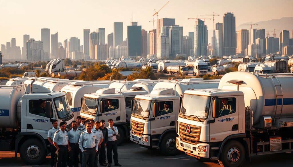 A fleet of water delivery trucks parked in a bustling urban landscape, their tanks brimming with clean, fresh water. In the foreground, a team of attentive drivers ready to dispatch to nearby homes and businesses, their uniforms crisp and professional. The mid-ground showcases the modern, well-maintained trucks, their designs reflecting the efficiency and reliability of the water delivery service. In the background, a vibrant cityscape of towering skyscrapers and bustling streets, hinting at the widespread demand for this essential service. The scene is bathed in warm, golden light, conveying a sense of trust, comfort, and unwavering commitment to the community's water needs.