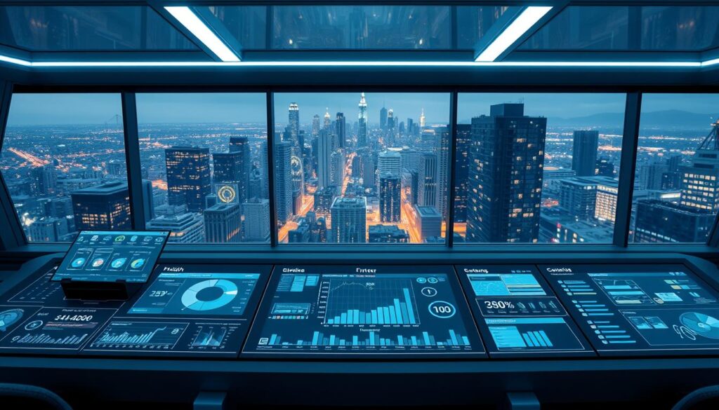 A futuristic control panel with sleek, minimalist design displaying flexible scheduling and ordering systems. Holographic displays show dynamic graphs, charts, and visual data analytics. Soft ambient lighting creates a calm, professional atmosphere. The foreground features intuitive touchscreen interfaces with customizable widgets. The middle ground showcases a modular, reconfigurable dashboard. In the background, a large panoramic window offers a view of a bustling urban skyline, emphasizing the system's sophisticated technological capabilities. The overall mood is one of efficiency, innovation, and adaptability.