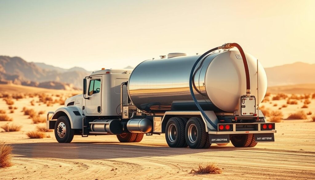 A high-quality image of a water delivery service in a desert landscape. The foreground features a large water tanker truck with its hose extended, ready to fill up a residential or commercial water storage tank. The middle ground shows a sandy, arid environment with sparse vegetation, reflecting the challenging climate. In the background, distant mountains or hills create a dramatic, realistic backdrop. Warm, golden lighting creates a sense of heat and dryness, complementing the desert setting. The overall composition conveys the essential role of water delivery services in providing daily water needs in such an environment.