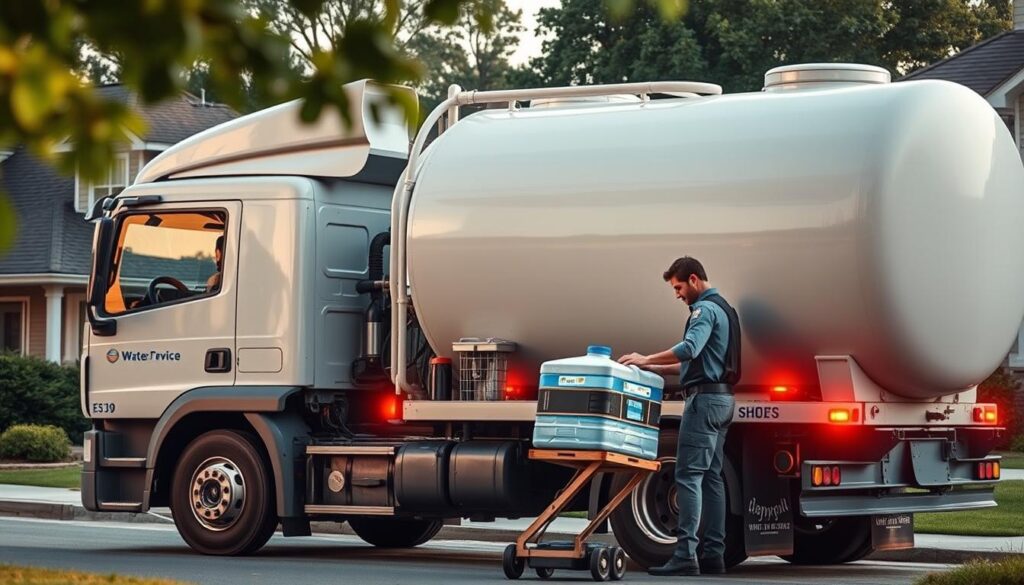 A high-quality water delivery truck parked in a residential neighborhood, its large tank prominent. The truck's exterior features a clean, professional design with the company's logo prominently displayed. The driver, in a uniform, is carefully unloading water containers onto a dolly, ready to efficiently deliver them to a nearby home. The scene conveys a sense of reliable, on-time service and attention to customer satisfaction. Soft, natural lighting illuminates the details, creating a warm, inviting atmosphere. The composition places the delivery truck as the focal point, with the background blurred to emphasize the service at hand.