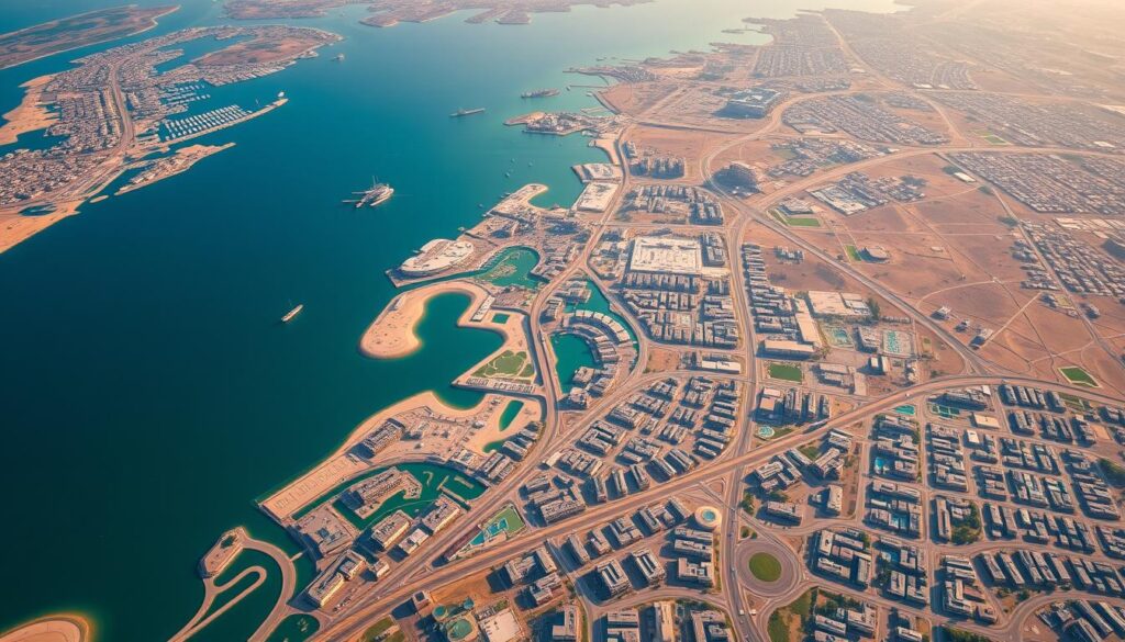 A high-resolution aerial landscape depicting the coverage area of Kuwait, with a special focus on Jleeb Al-Shuyoukh and the surrounding neighborhoods. The scene showcases a bird's-eye view of the region, capturing a network of roads, residential areas, and commercial districts in vivid detail. The image should convey a sense of scale and spatial organization, highlighting the interconnected nature of the urban landscape. Employ a balanced lighting setup that accentuates the architectural features and terrain, creating a harmonious and visually appealing composition. The overall atmosphere should reflect the importance of water management and conservation within this specific geographic context.