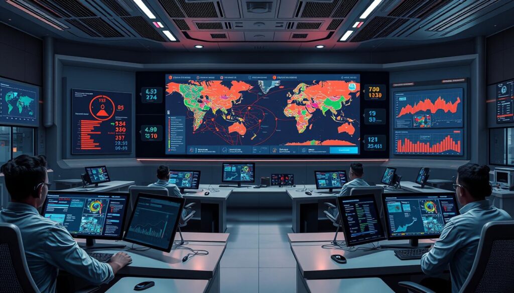 A high-tech control room with a large digital dashboard displaying real-time delivery tracking data and logistics analytics. The foreground shows sleek, modern workstations with technicians monitoring live GPS feeds and order fulfillment metrics on curved, edge-to-edge displays. In the middle ground, a giant video wall projects colorful maps charting delivery routes and vehicle locations. The background features a futuristic, minimalist aesthetic with clean lines, subtle lighting, and a sense of efficiency and precision. The overall scene conveys a powerful, connected system of smart logistics and on-demand delivery, capturing the essence of "التتبع اللحظي والتوصيل".