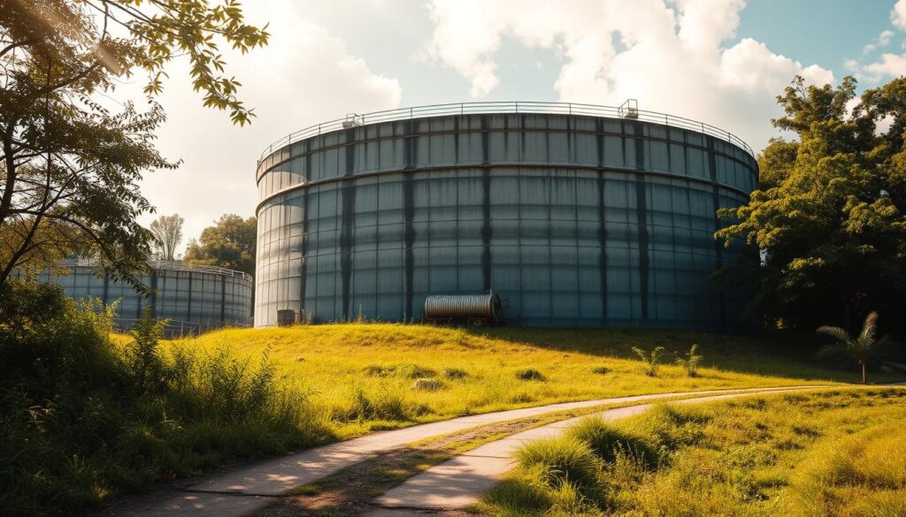 A large, above-ground water storage tank prominently situated in a lush, verdant landscape. The tank's rugged, weathered exterior reflects the sturdy engineering required to withstand the elements, while its curved silhouette evokes a sense of organic harmony with the surrounding environment. Sunlight filters through wispy clouds, casting warm, soft lighting that highlights the tank's textured surface and the vibrant greenery around it. In the foreground, a well-trodden path leads towards the tank, suggesting its central role in the local water management infrastructure. The overall scene conveys a balance of functionality and natural beauty, highlighting the flexible, versatile nature of this water storage solution.