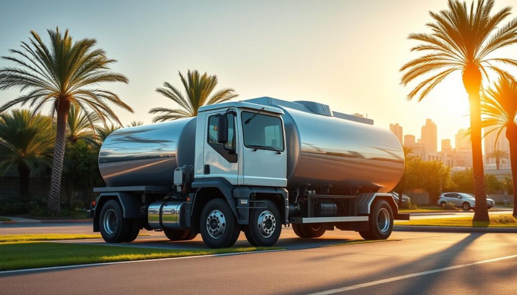 A large and modern water tanker truck prominently displayed in the foreground, its sleek metal body gleaming under the warm afternoon sunlight. The truck is parked on a paved road, surrounded by lush palm trees and vibrant greenery, suggesting a suburban or residential setting. In the background, a skyline of high-rise buildings and modern architecture can be seen, representing the bustling city of Kuwait. The overall scene conveys a sense of efficiency, reliability, and the importance of delivering clean, fresh water to the community. The composition and lighting create a striking, professional, and visually appealing image that aligns with the subject and section title.