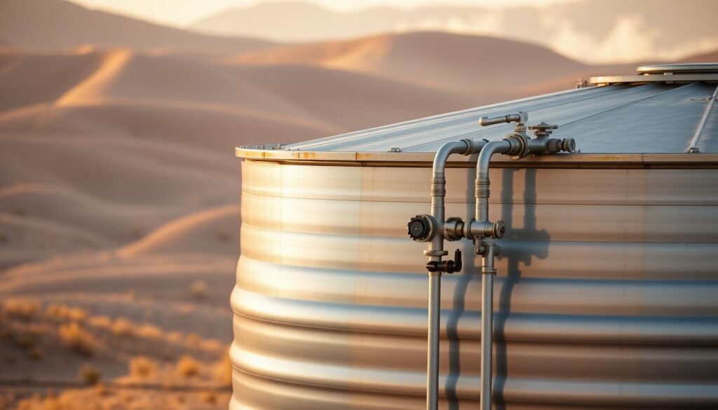 A large, cylindrical water storage tank sits against a backdrop of rolling desert hills. The tank's metallic surface reflects the warm, golden hues of the sun, casting a soft glow over the surrounding landscape. Intricate pipes and valves protrude from the tank, hinting at the complex water distribution system it is part of. The scene conveys a sense of efficiency and utility, with the tank serving as a vital component in the management of the region's precious water resources. A subtle haze in the distance adds to the arid, yet serene atmosphere. The overall composition emphasizes the importance of this water storage facility in the context of the region's water challenges.